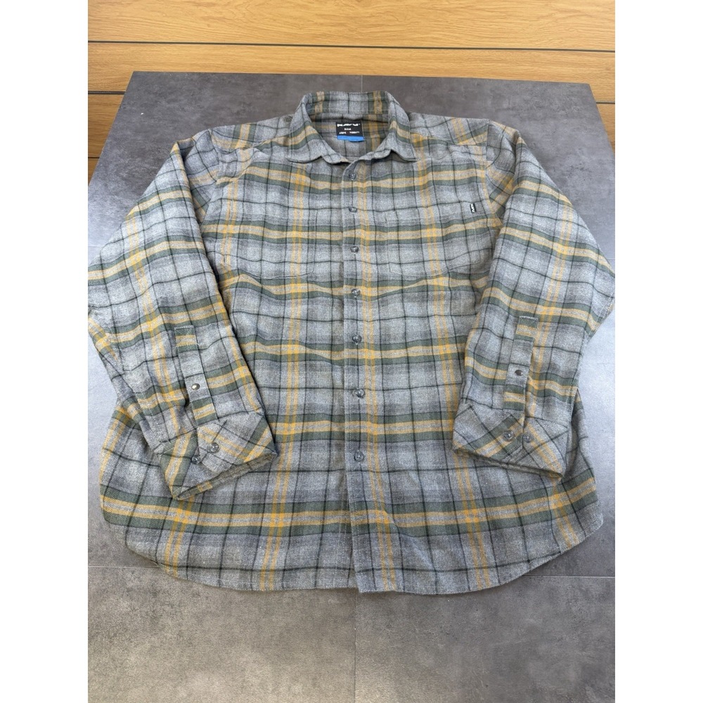 Kavu Men's Heavy Flannel Grey,Green & Gold Plaid Button Up Shirt Size XL-CLEAN